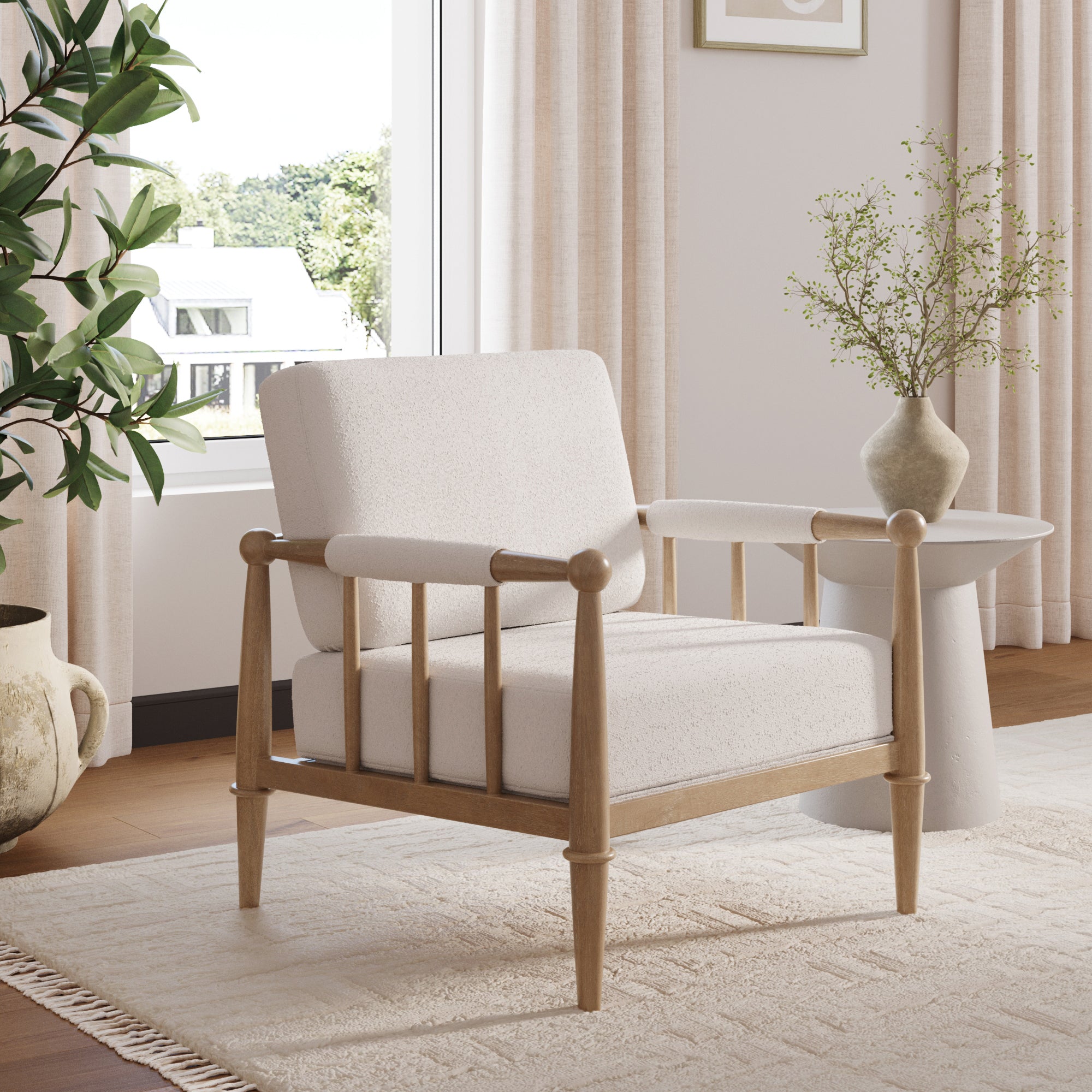 Bohemian Boucle Accent Chair with Arm Cream Boucle