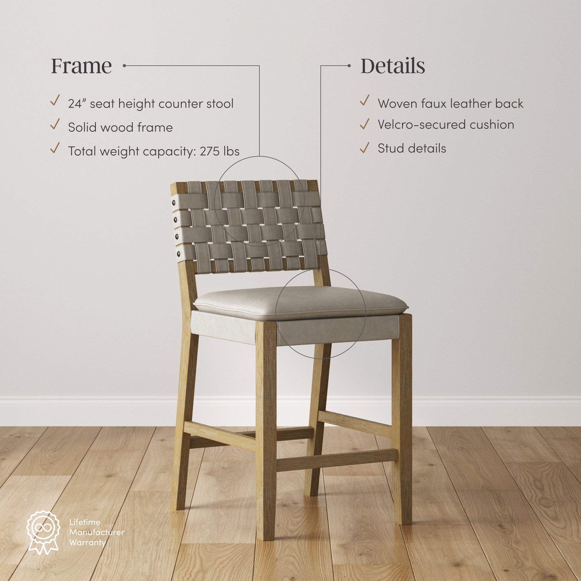 Woven Faux Leather Counter Height Bar Stool Taupe - Image 4