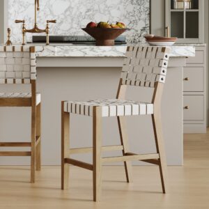 Faux Leather Woven Counter Height Bar Stool White