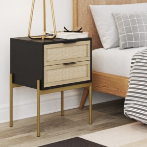 Alternative view of Wood & Rattan 2-Drawer Nightstand Black