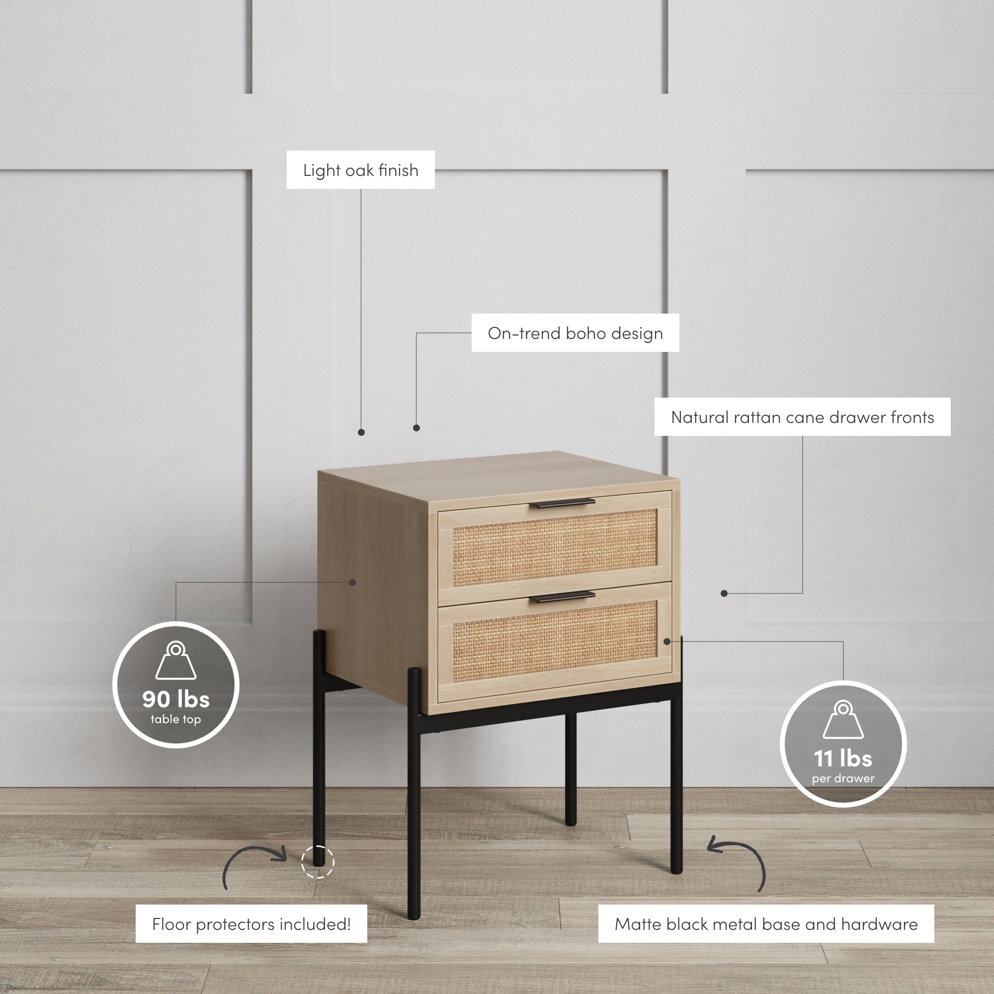 Wood & Rattan 2-Drawer Nightstand Light Oak - Image 4