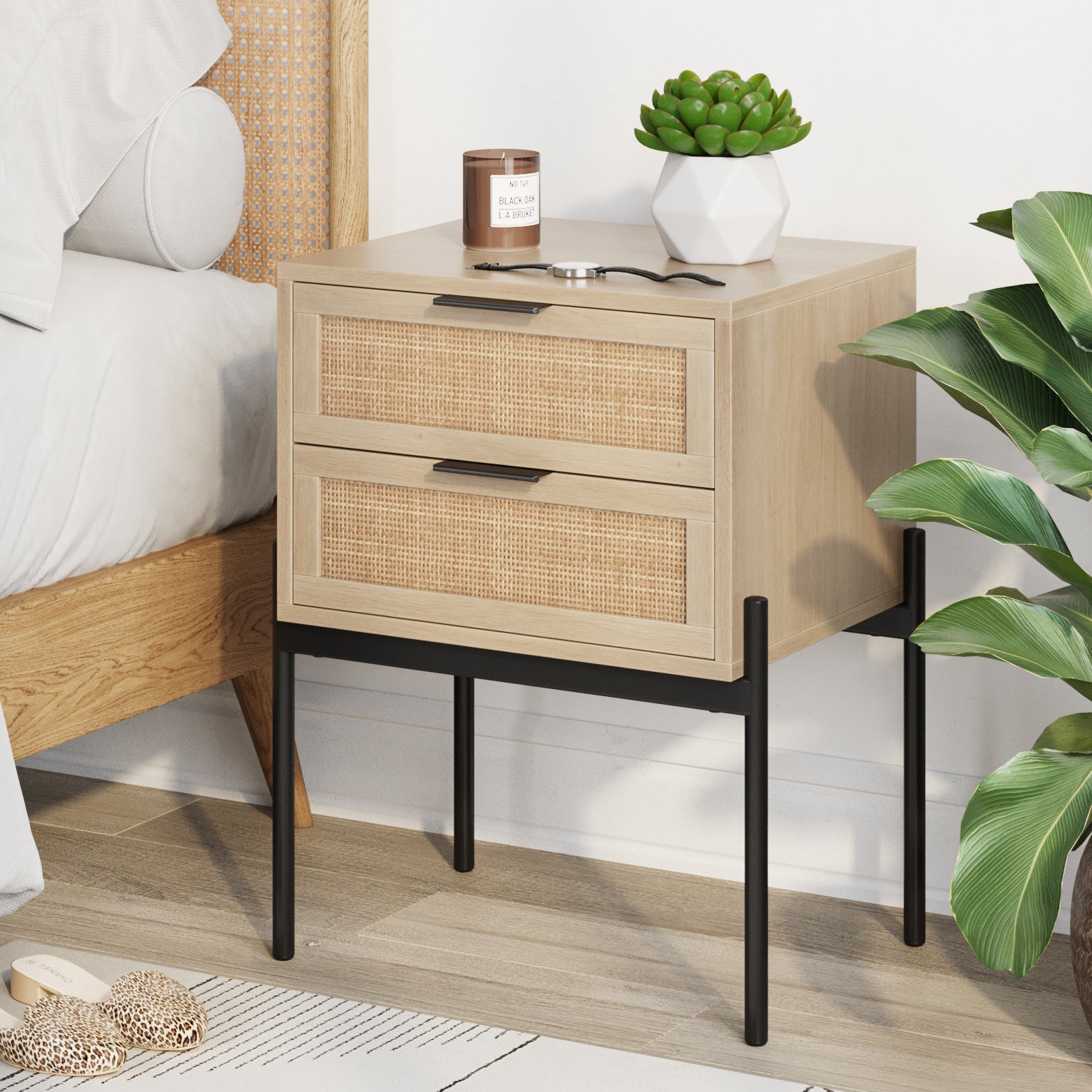 Wood & Rattan 2-Drawer Nightstand Light Oak - Image 2