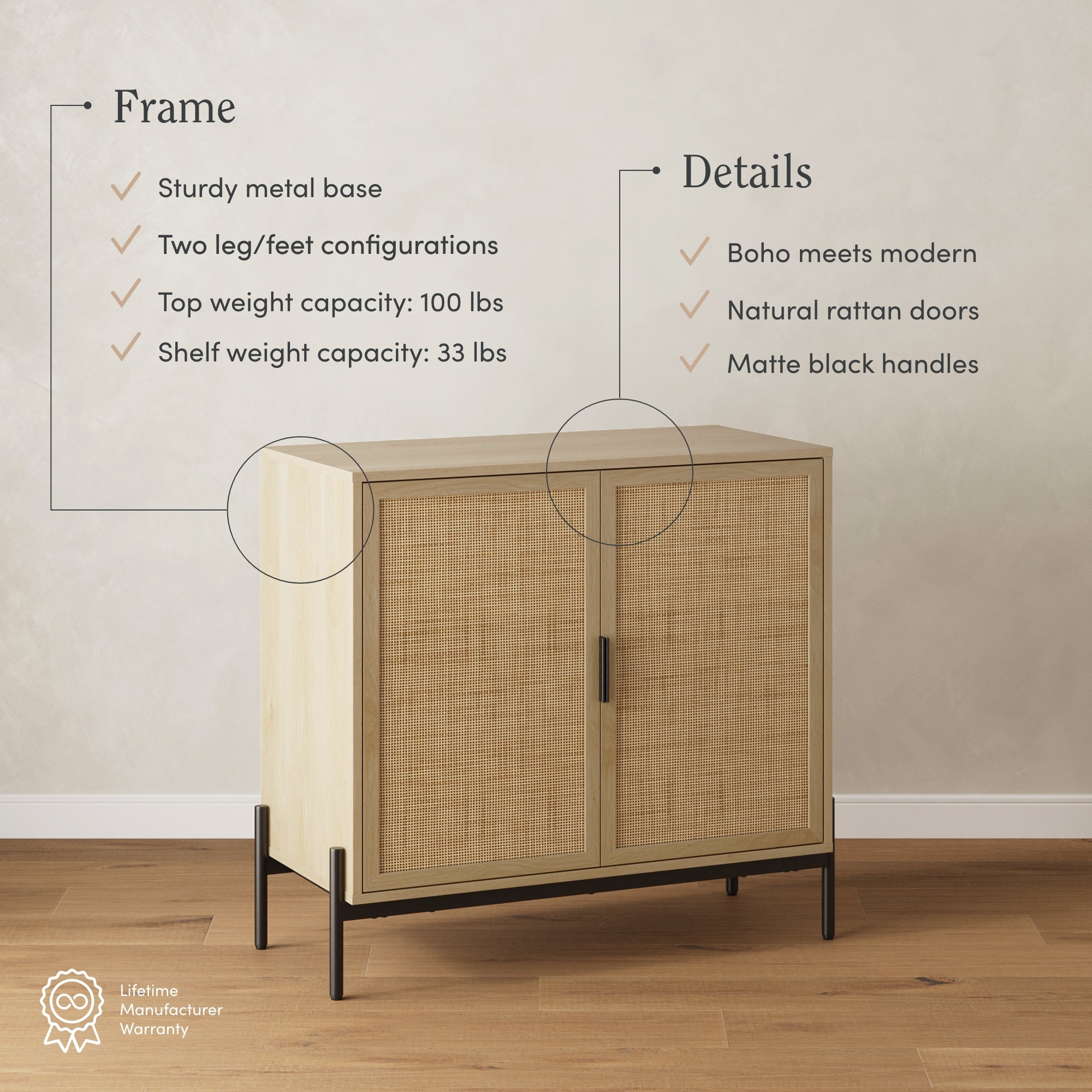 Boho Rattan & Wood Storage Cabinet Light Oak - Image 5