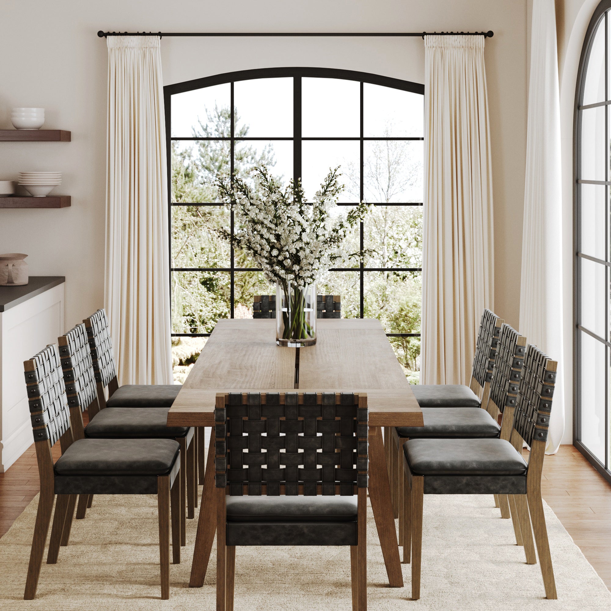 Extendable Woven Faux Leather Dining Set Black (8 Chairs) - Image 2