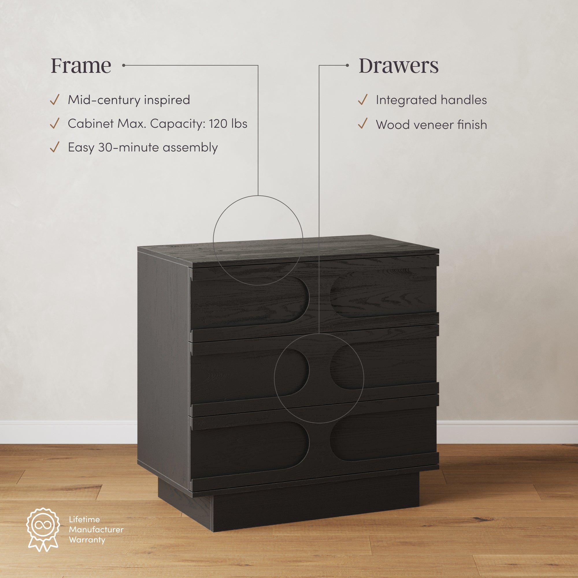 Mid-Century 3-Drawer Arched Dresser Black Oak (Set of 2) - Image 3