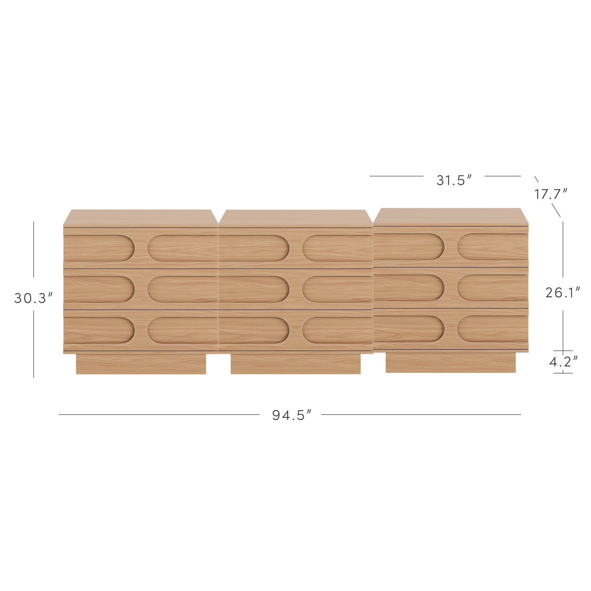 Mid-Century 3-Drawer Arched Dresser Raw Oak (Set of 3) - Image 4