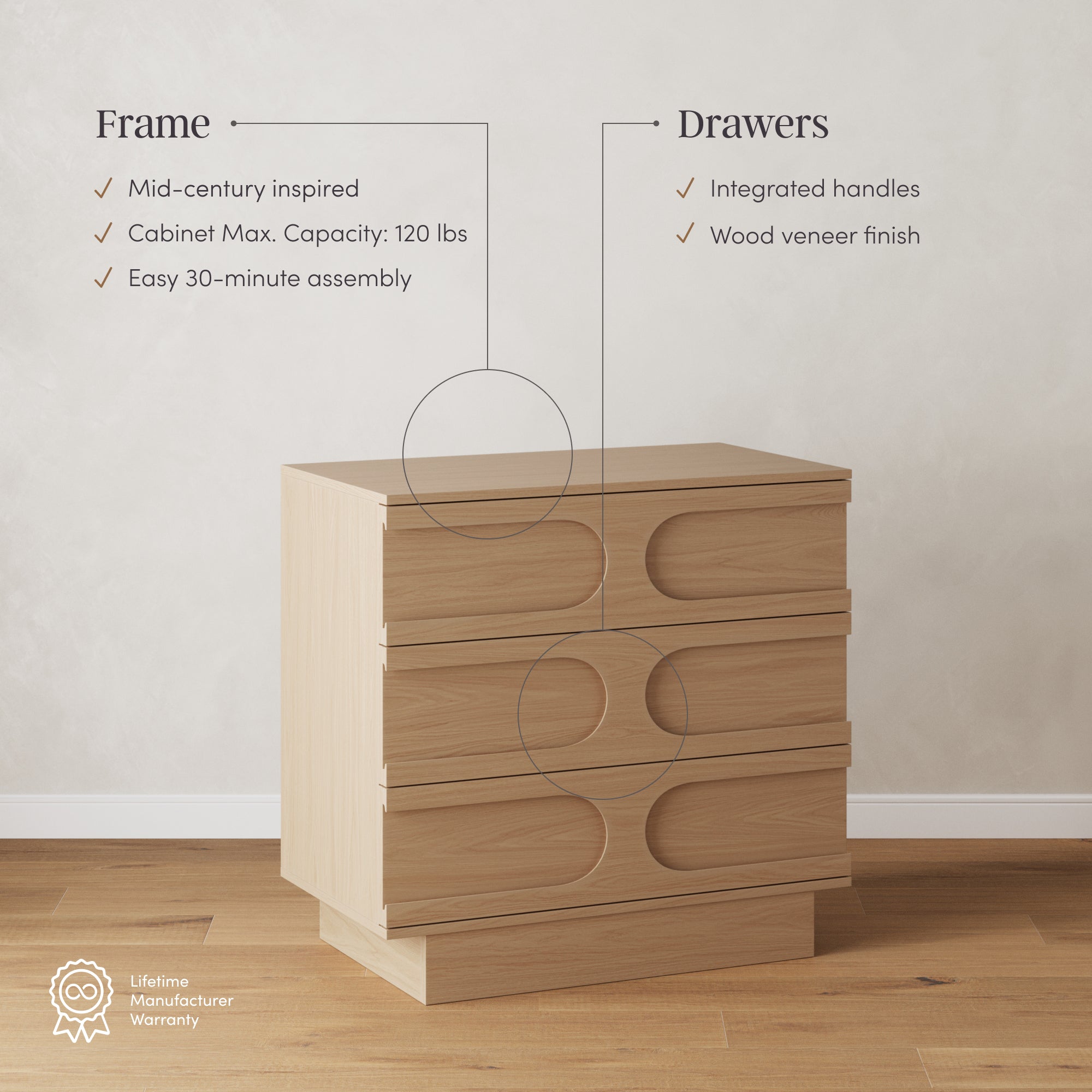 Mid-Century 3-Drawer Arched Dresser Raw Oak (Set of 3) - Image 3