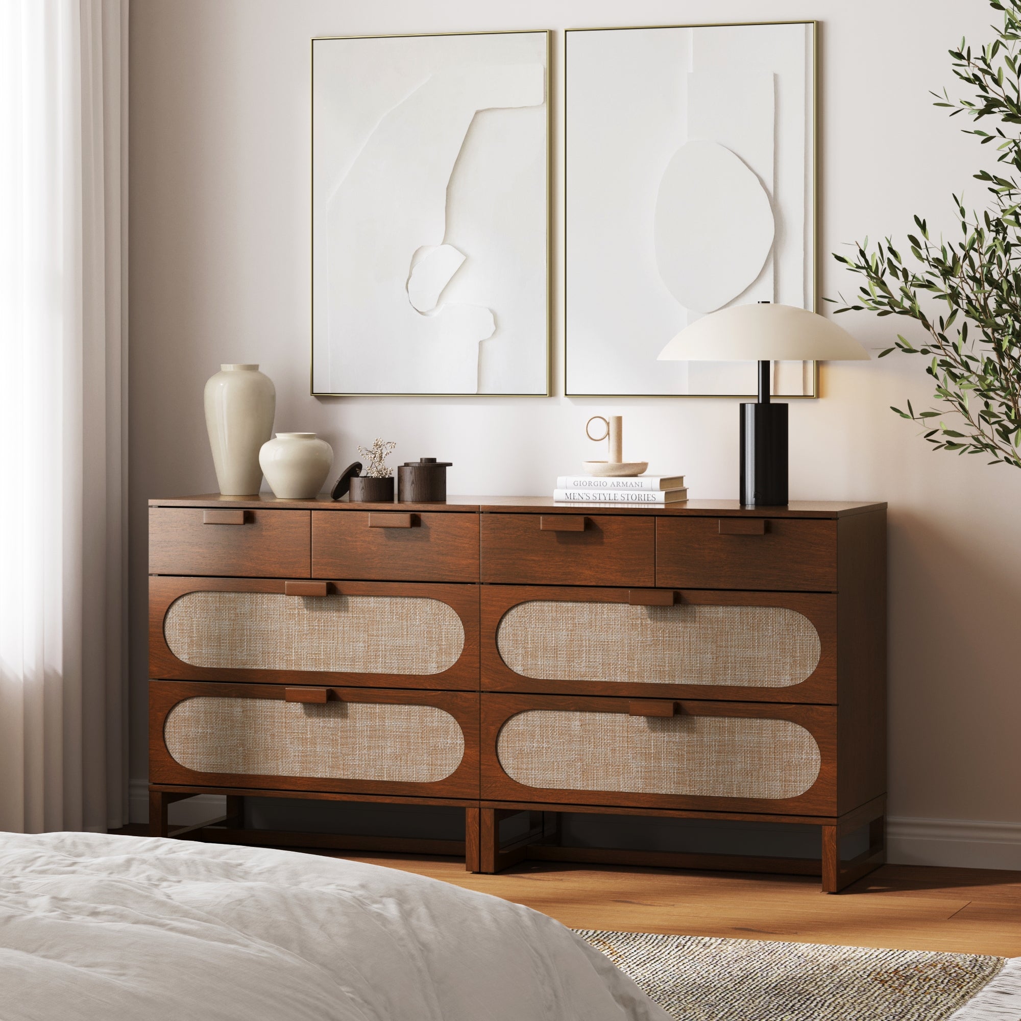 Mid-Century Rattan 3-Drawer Dressers Dark Acacia (Set of 2) - Image 2