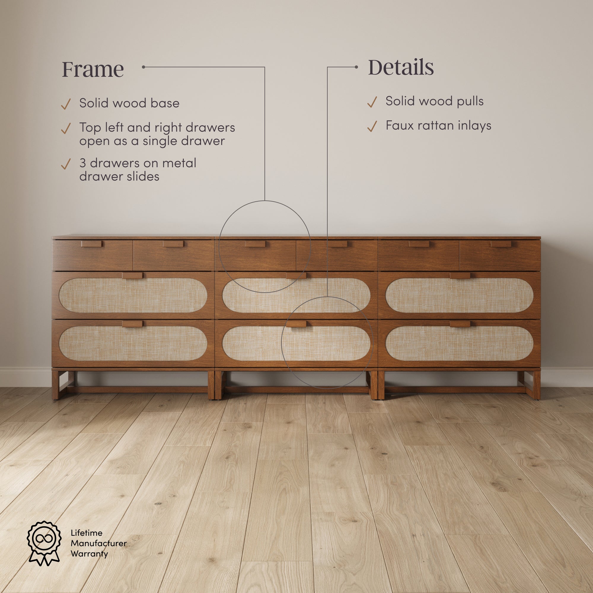 Mid-Century Rattan 3-Drawer Dressers Dark Acacia (Set of 3) - Image 3