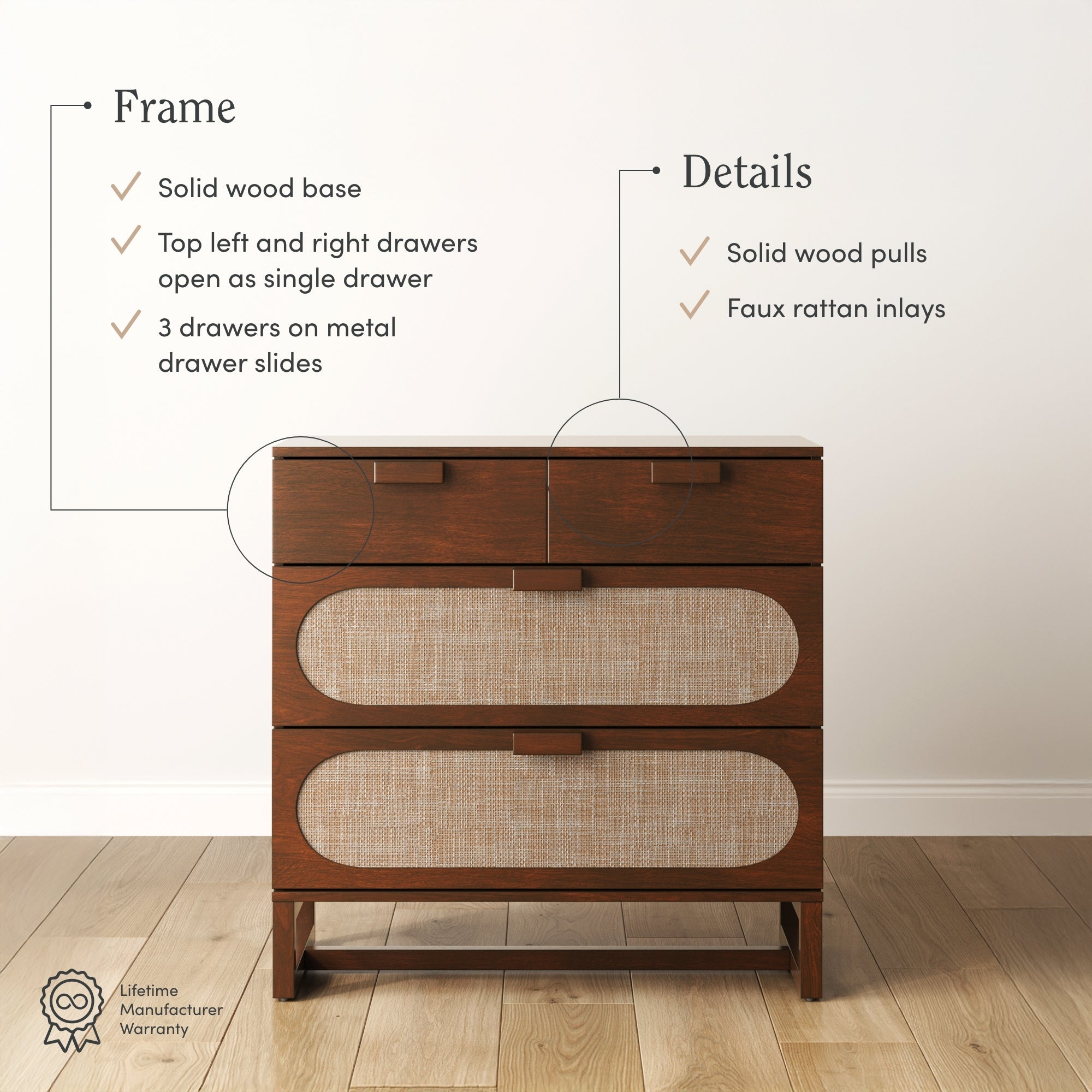 Mid-Century Rattan 3-Drawer Dressers Dark Acacia (Set of 2) - Image 3