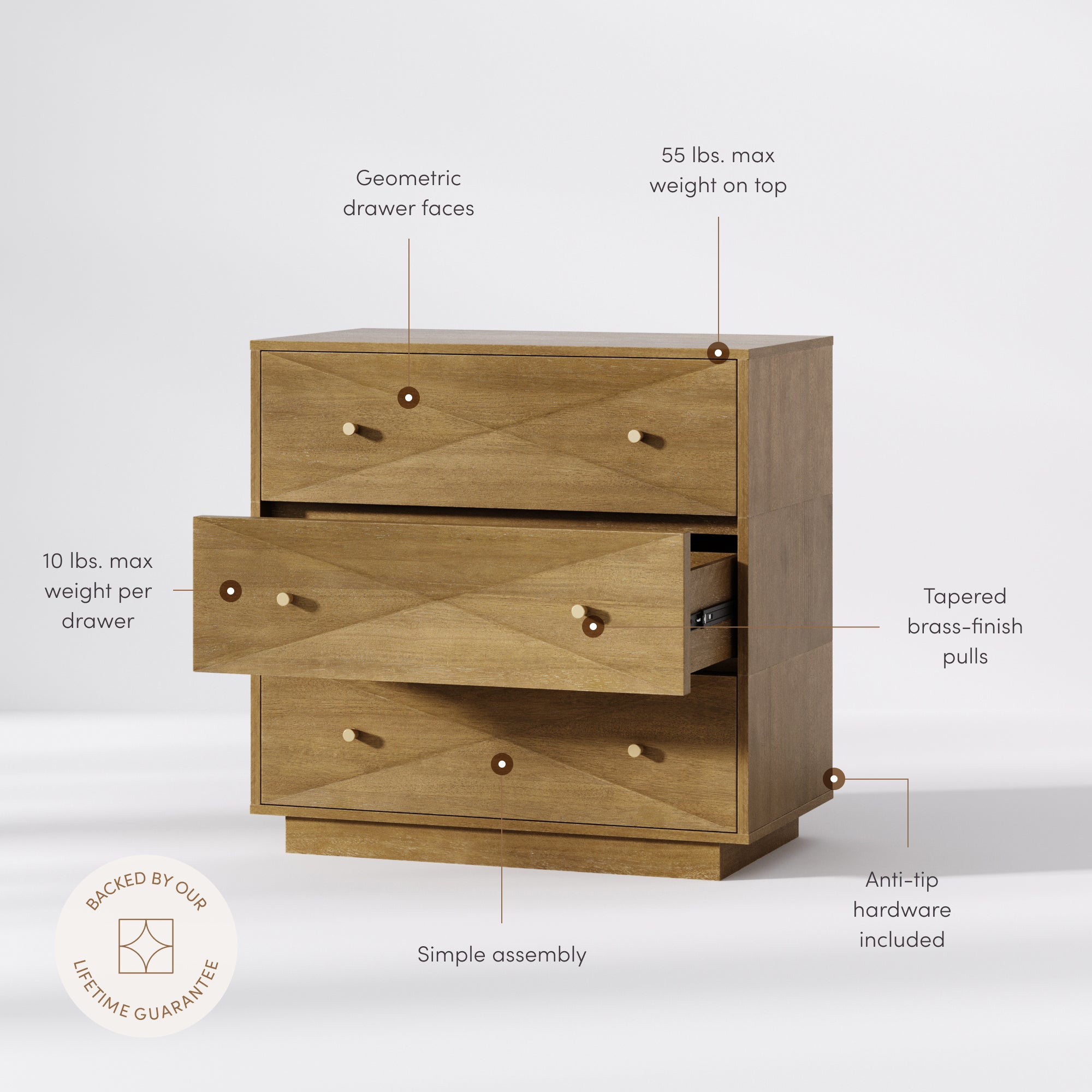 Modern Wood 3-Drawer Geometric Stackable Dresser Light Brown - Image 3
