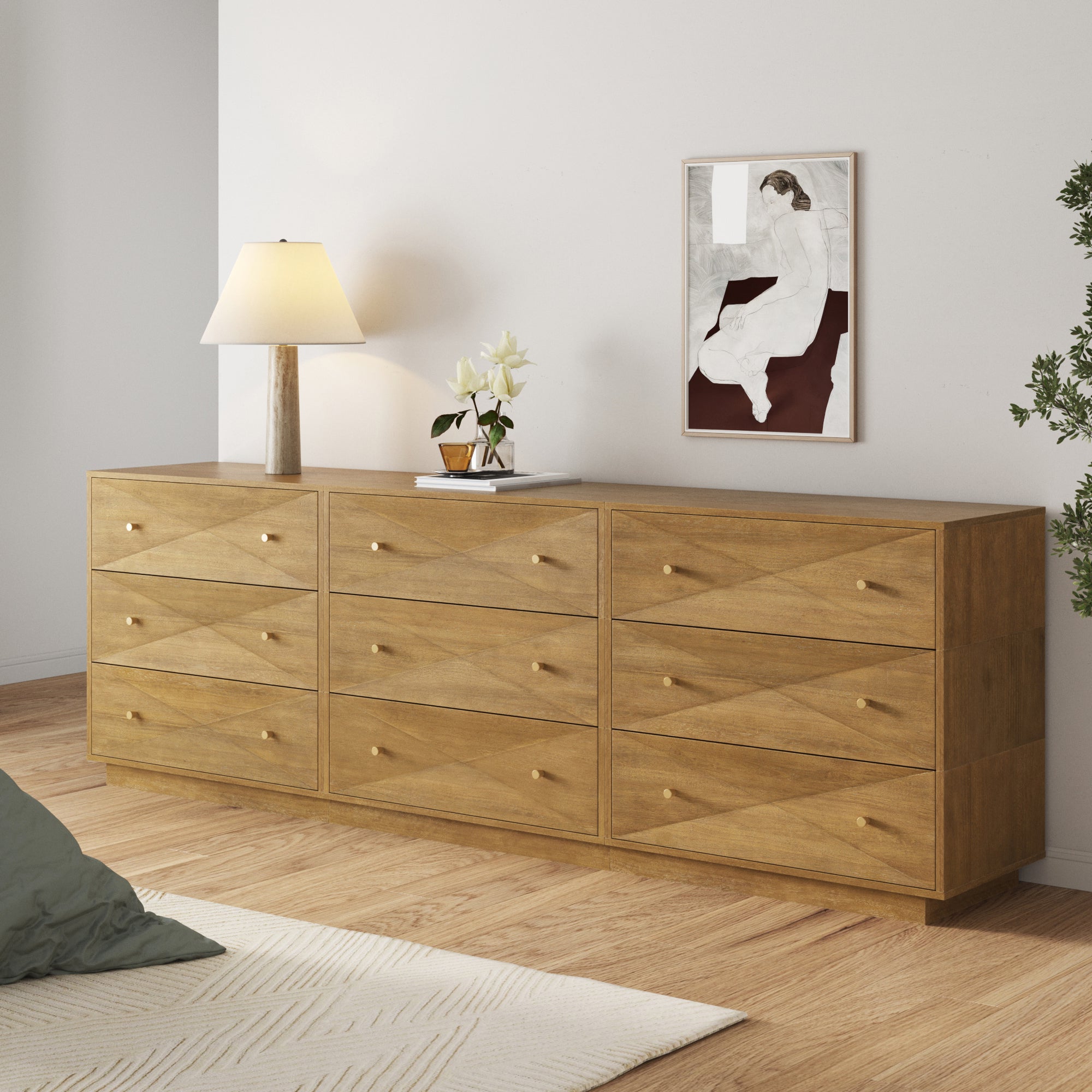 Modern Wood 9-Drawer Geometric Stackable Dresser Light Brown