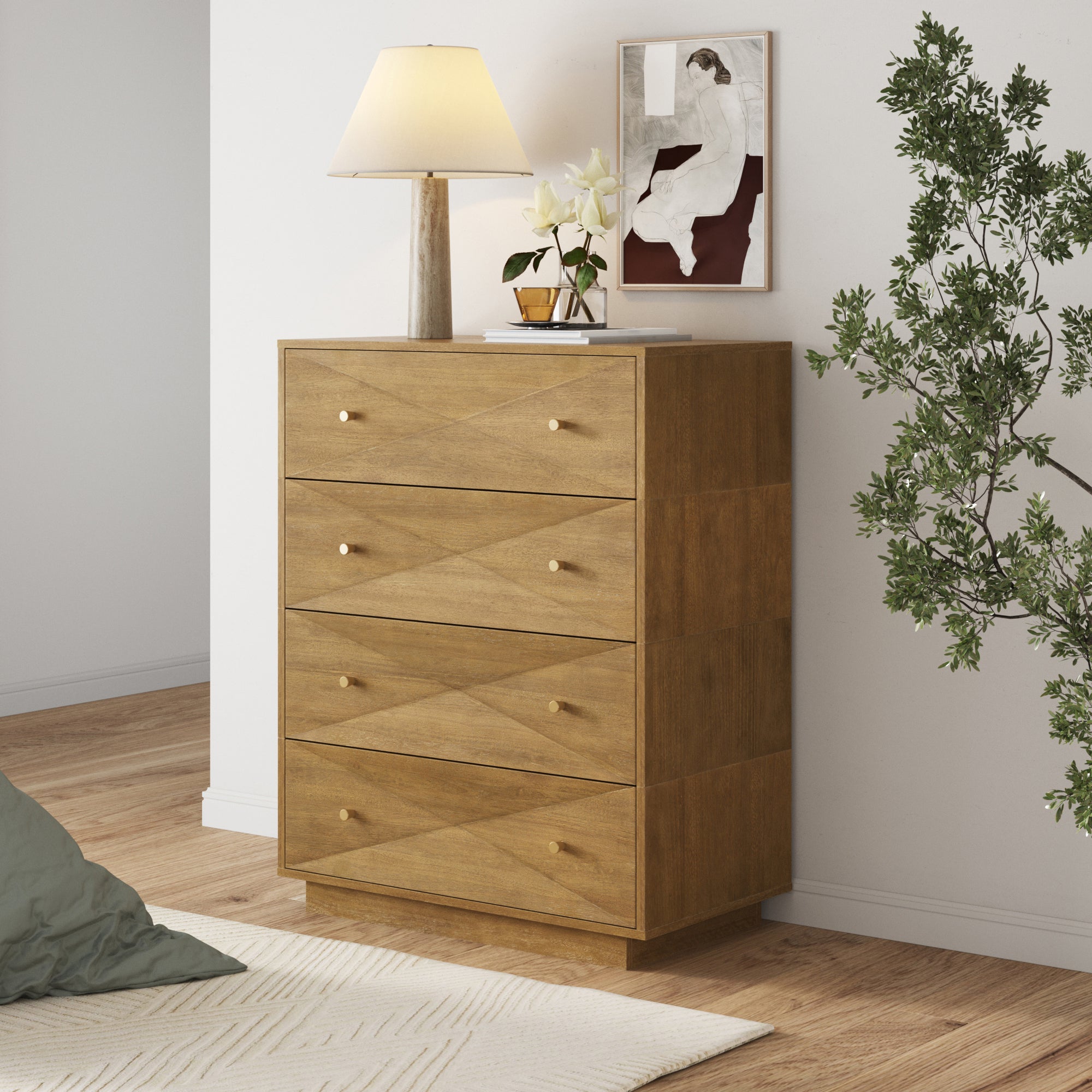 Modern Wood 4-Drawer Geometric Stackable Dresser Light Brown