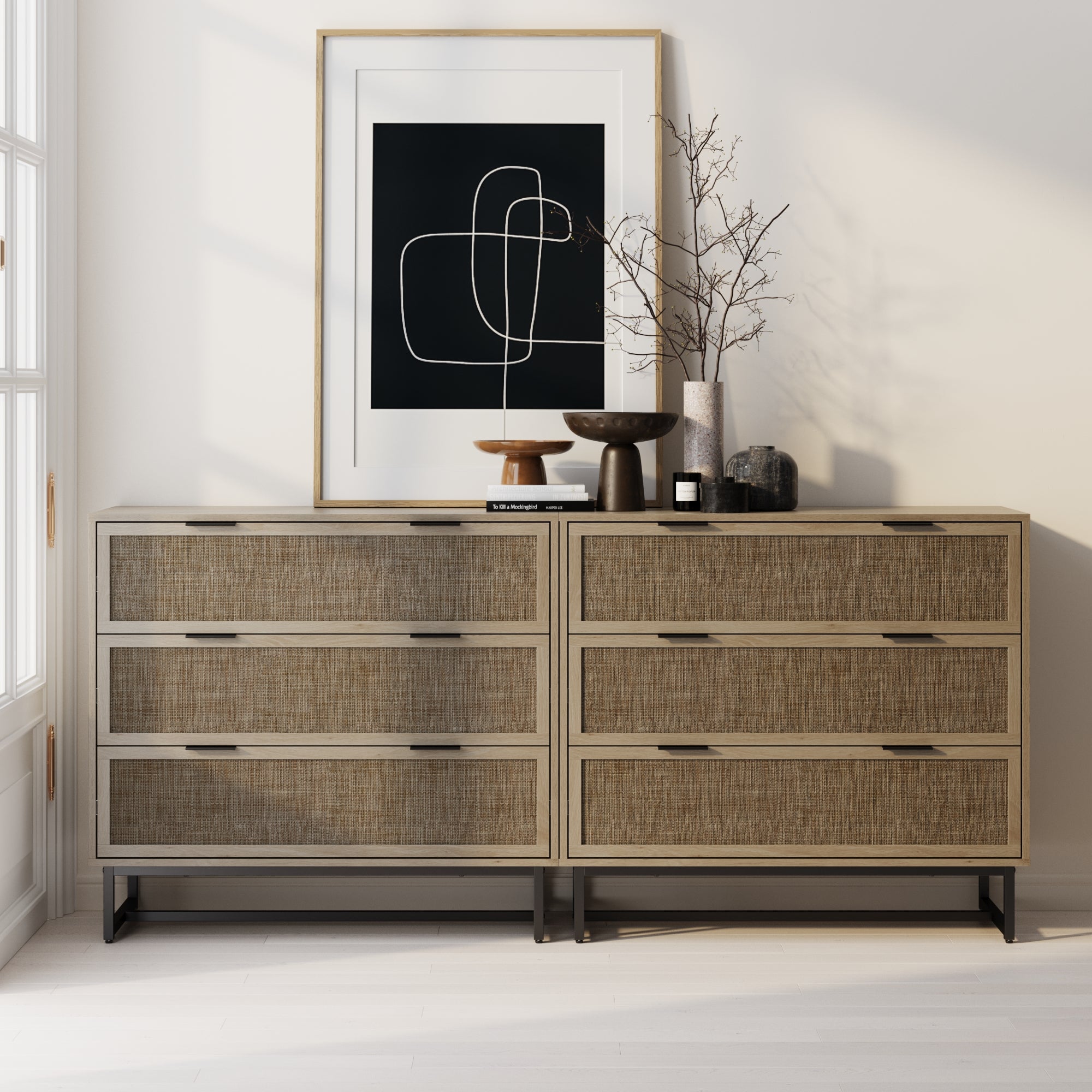 Rattan & Wood 3-Drawer Dressers Light Oak (Set of 2) - Image 2