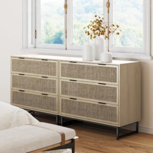Rattan & Wood 3-Drawer Dressers Light Oak (Set of 2)