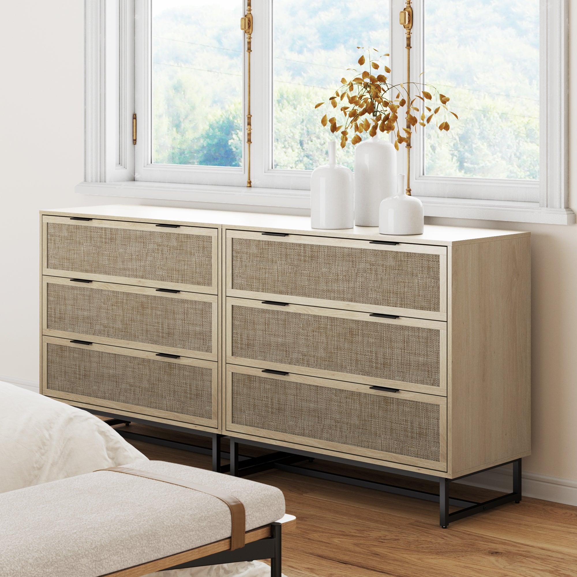 Rattan & Wood 3-Drawer Dressers Light Oak (Set of 2)