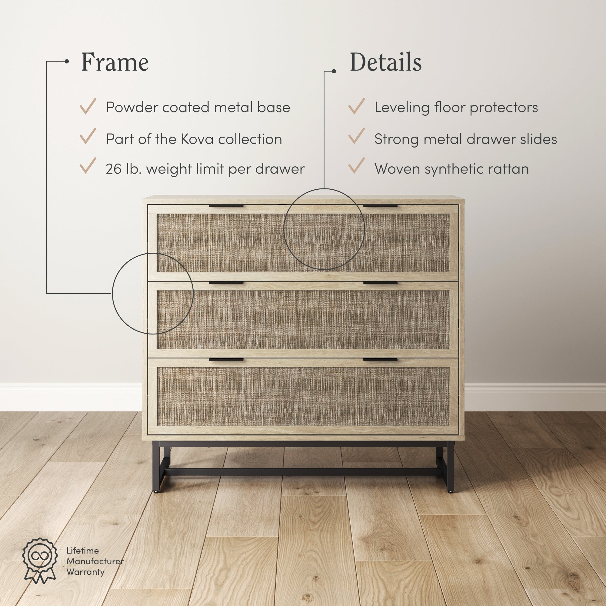 Rattan & Wood 3-Drawer Dressers Light Oak (Set of 2) - Image 4