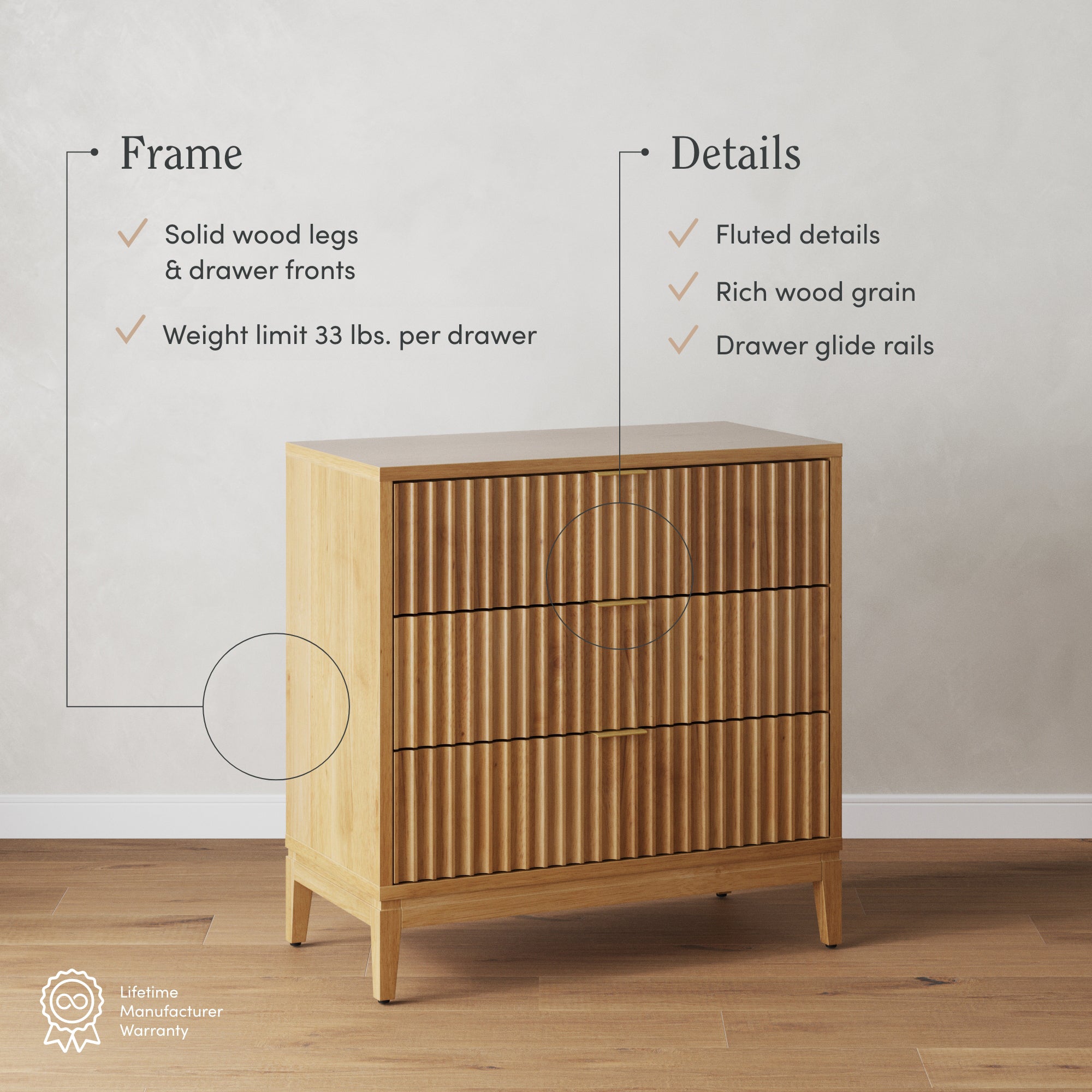 Mid-Century Fluted 3-Drawer Dressers Warm Pine (Set of 2) - Image 3