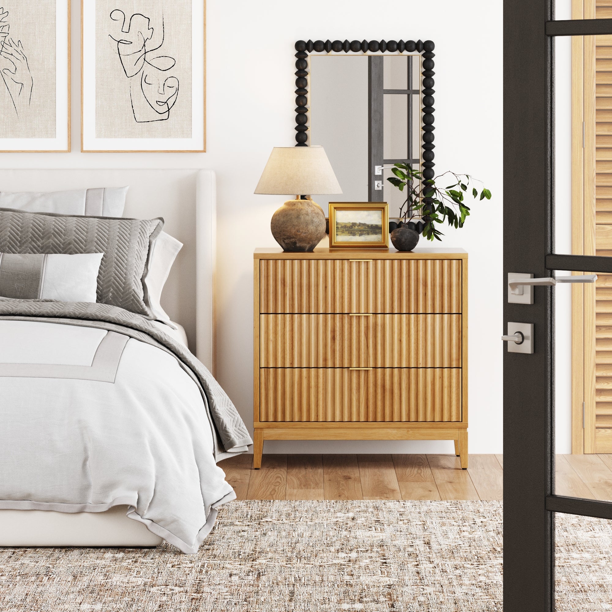 Mid-Century Fluted 3-Drawer Dresser Warm Pine - Image 3