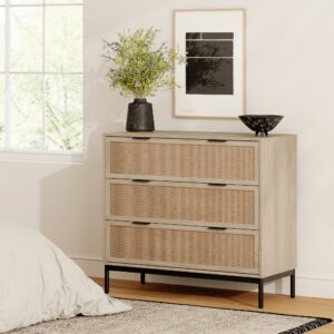 Rattan & Wood 3-Drawer Dresser Light Oak