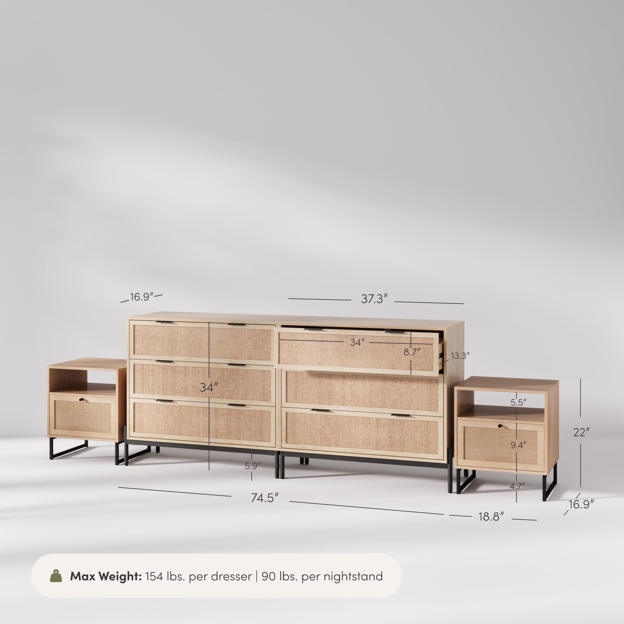 Boho Rattan Cabinet Bedroom Set Light Oak - Image 4